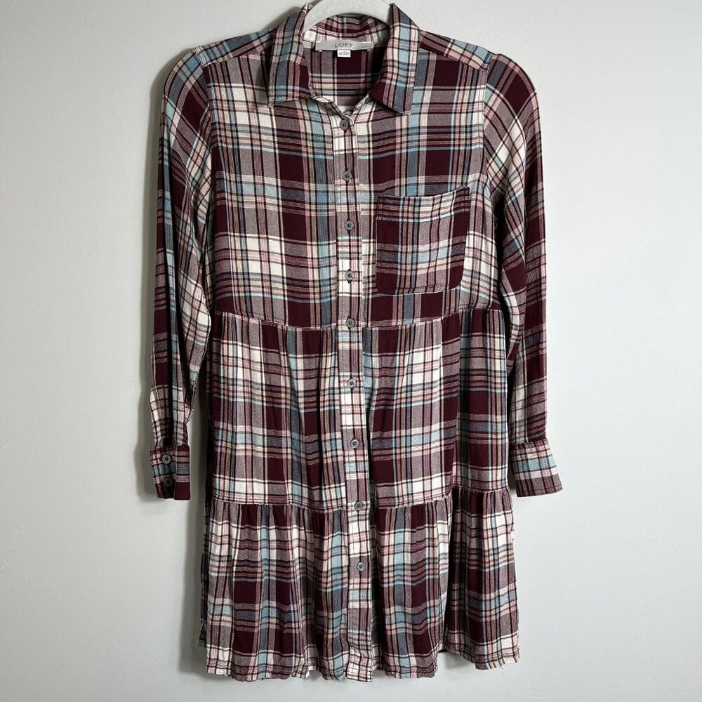 Ann Taylor Loft Petites Button Front Plaid Dress-Tiered-Rayon-XSP